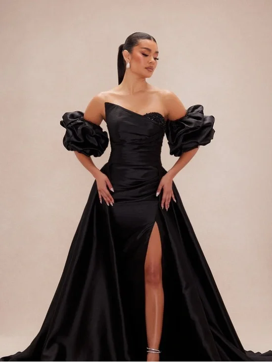 Off-Shoulder Black Satin Evening Gown with Puff Sleeves - Picture 1 of 4